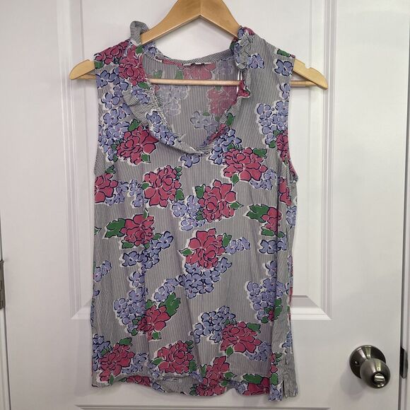 Crown & Ivy Sleeveless Blouse Ruffle V Neck Floral Striped Women’s Size Medium - Picture 1 of 6
